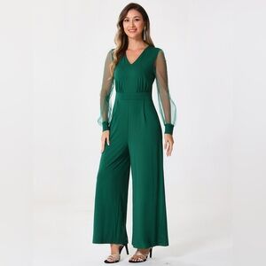 Allegra K Elegant V Neck Long Sleeve Mesh~Loose Wide Leg Jumpsuit (Sz Small) NWT